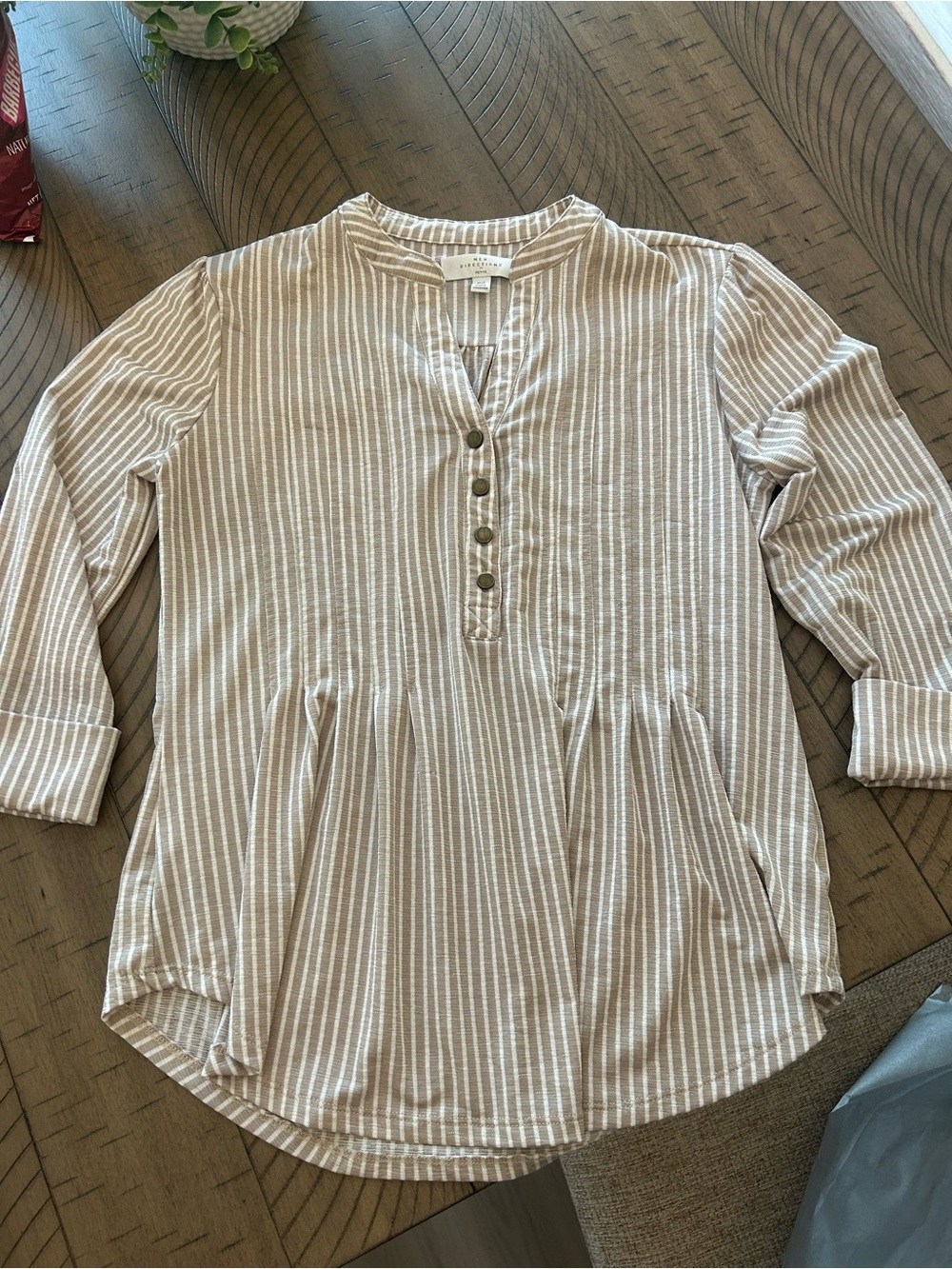 new directions Tan and White Striped Long-Sleeve Henley Tunic